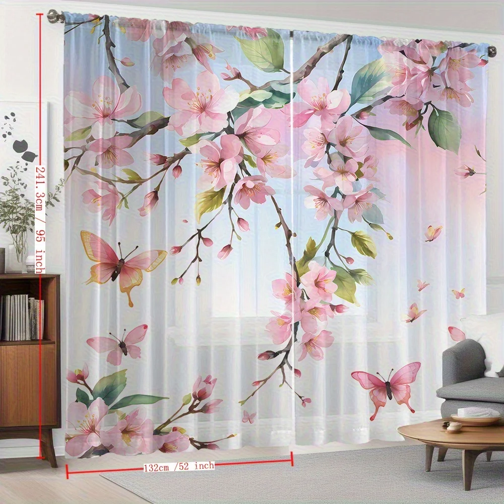 2PCS Sheer Curtains, Pink and Multicolor, Cherry Blossom and Butterfly Pattern, Suitable for Bedroom and Living Room