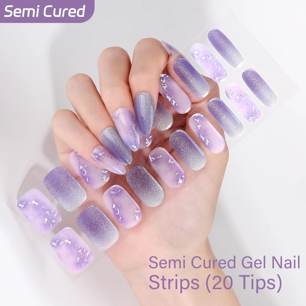 20Tips Purple Gradient Floral Semi Cured Gel Nail Strips Glitter Cherry Blossom Gel Polish Stickers UV Cured Nail Art Decals