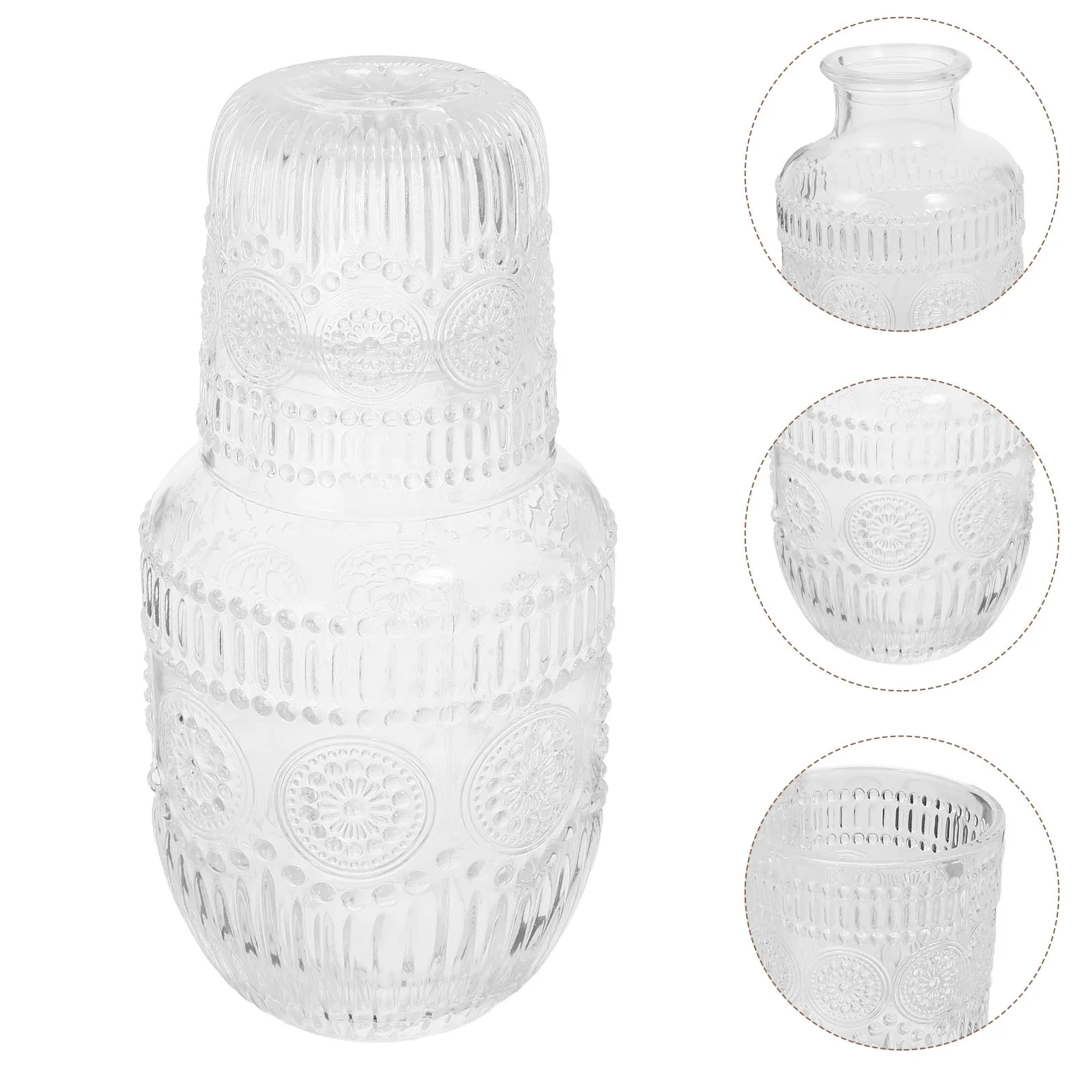 

Embossed Glass Sunflower Water Carafe Set 600ml Carafe 160ml Cup Bedside Nightstand Pitcher Glass Tumbler Lid Cold Beverage