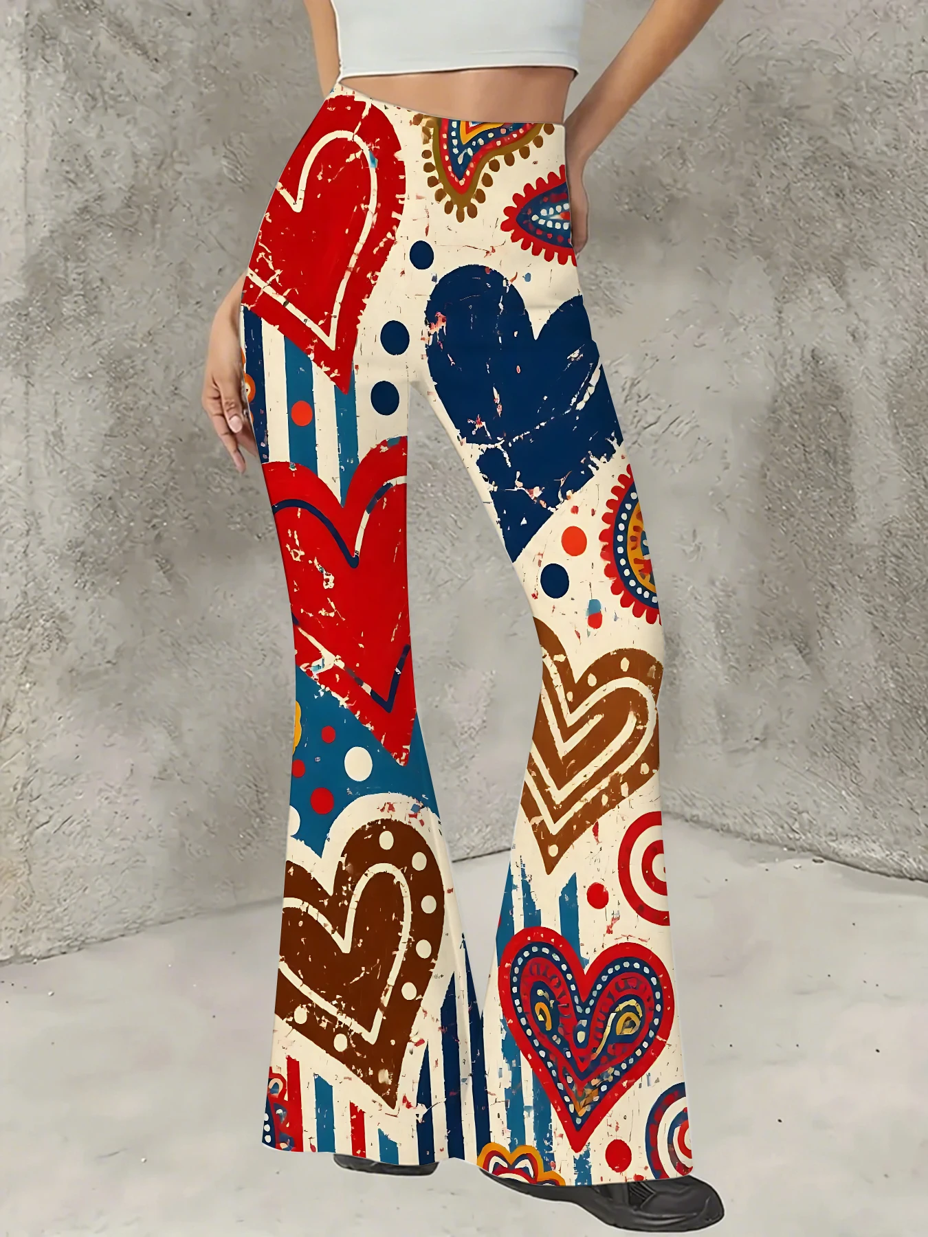 

Women's Striped Print Flare Pants Loose Fit Knit Wide Leg Bell Bottom Trousers