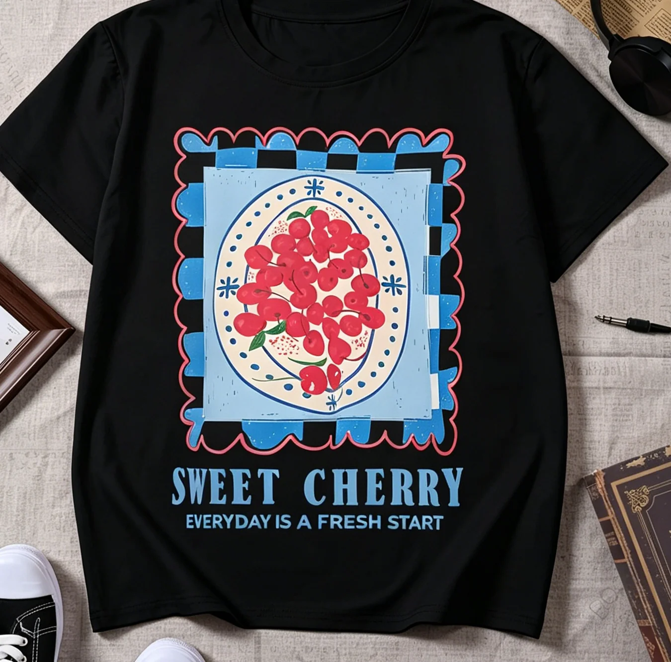 Sweet Cherry T Shirt Every Day Is A Fresh Start Graphic Tee Vintage Retro Aesthetic Top Harajuku Streetwear Unisex Tshirt