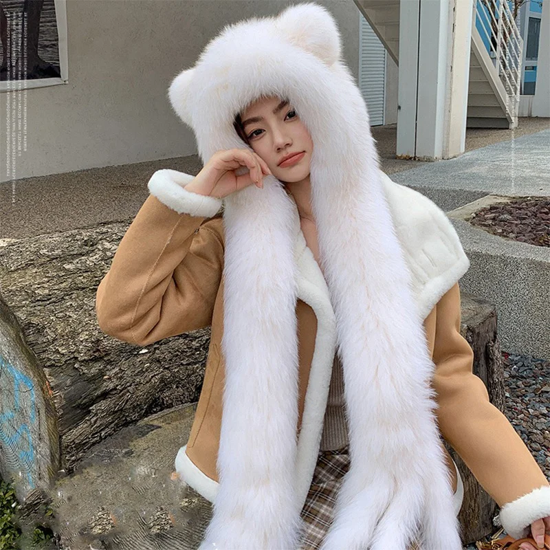 Women's Fashion Warm Hat Fluffy Fox Fur Casual Scarf Hat Trend Outdoor Windproof fur Straw Hat New Winter 2023