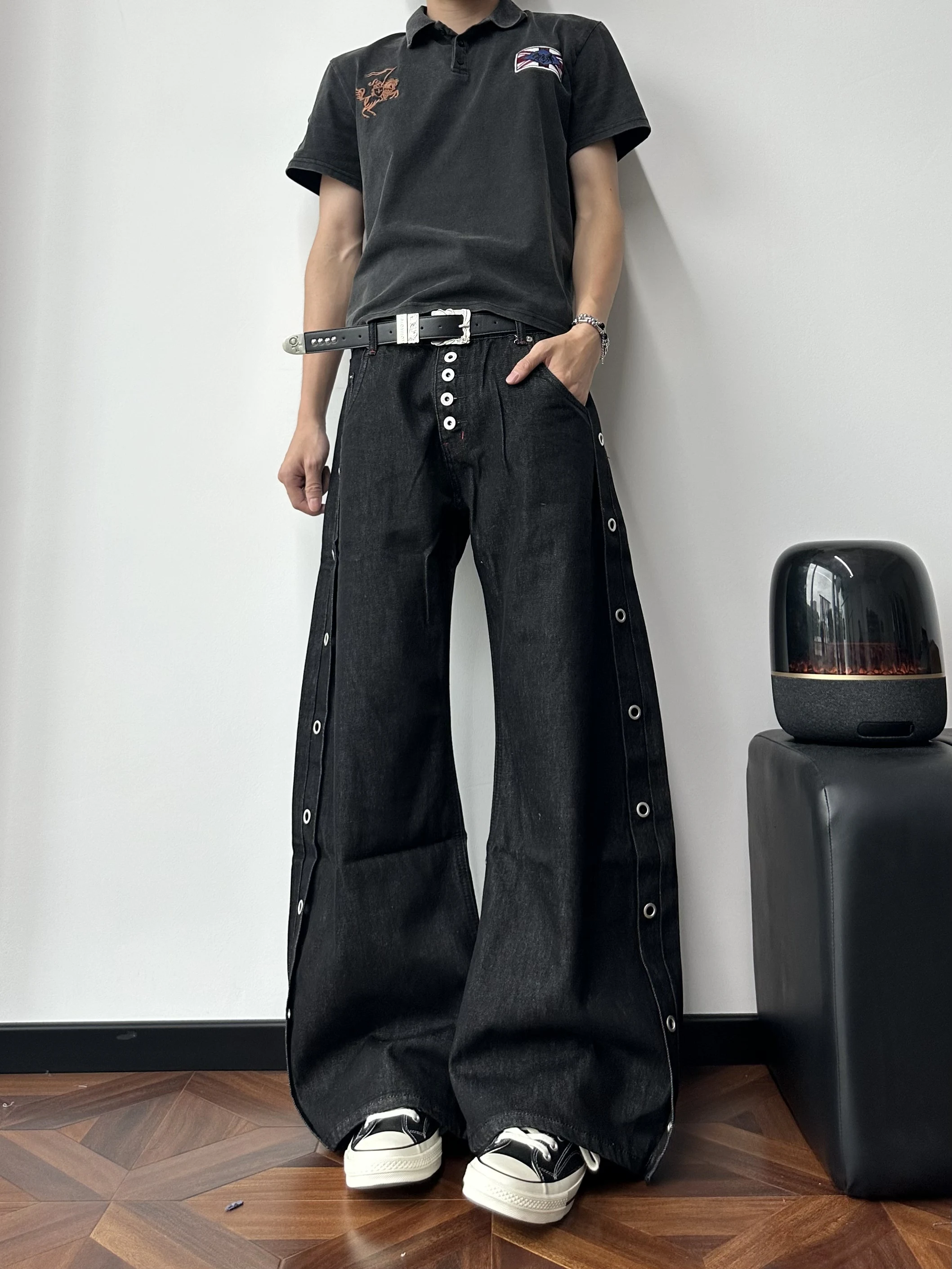 American Street Retro Design Sense Button Original Bull Knife Jeans Men's Loose Match All over Trendy Long Pants
