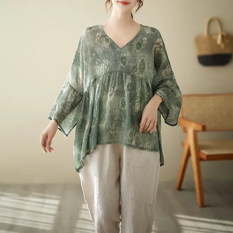 Plus Size Plus Size Women's Clothing Summer Fresh Printing Loose Fit V-Neck Doll Top 180lbs 200lbs Plus Size T-Shirt