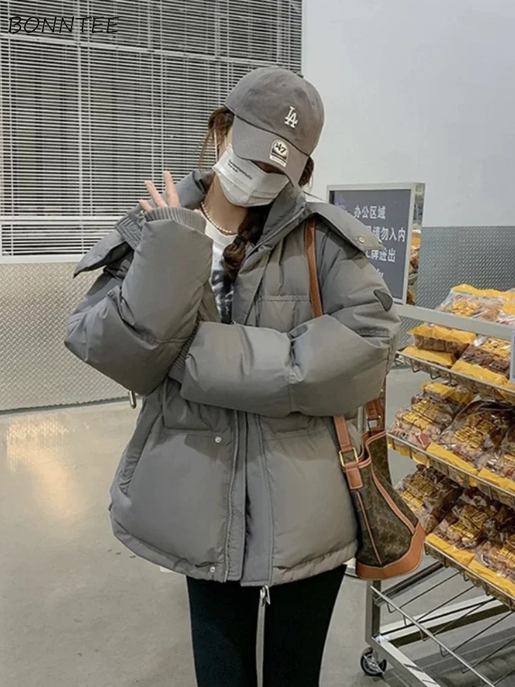 

Gray Hooded Parkas Women Heart Embroidery Loose Warm Thicker Winter Coats Sweet Girls College High Street Fashion Ulzzang Daily