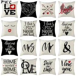 I Love You Words Cushion Cover Valentine's Day Linen Pillow Cover for Home Sofa Decorative Mr & Mrs Letter Pillowcase