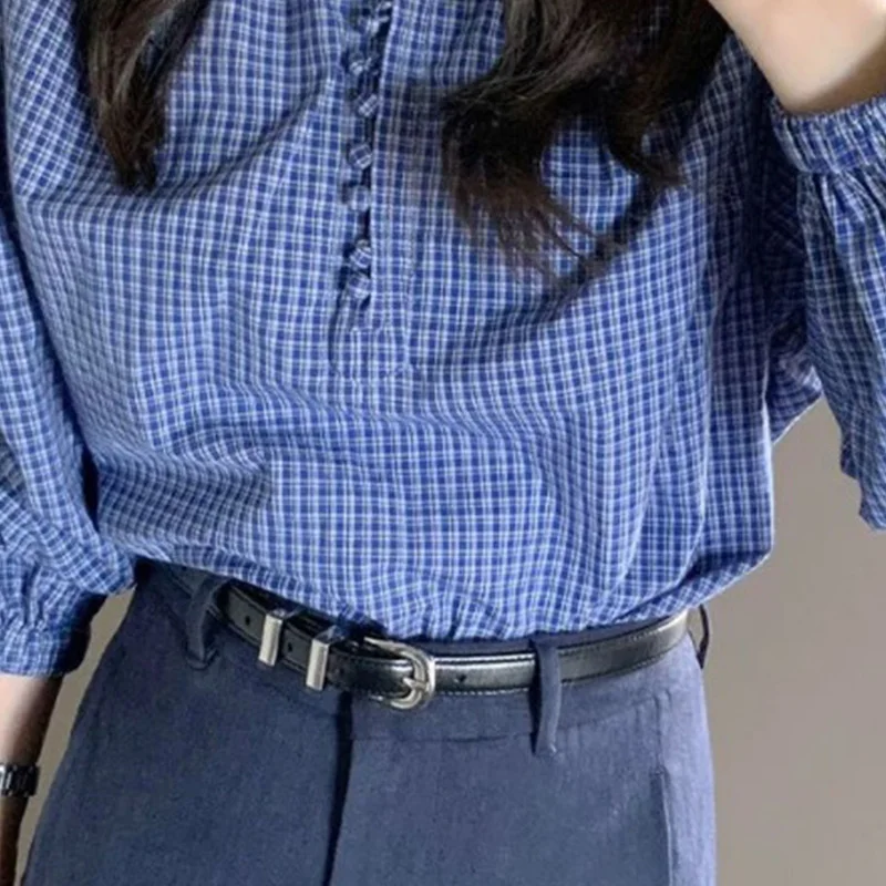Women Clothing Spring Summer Korean Simplicity Button Plaid Solid Color Pullover Ladies All-match Appear Thin Long Sleeve Shirt