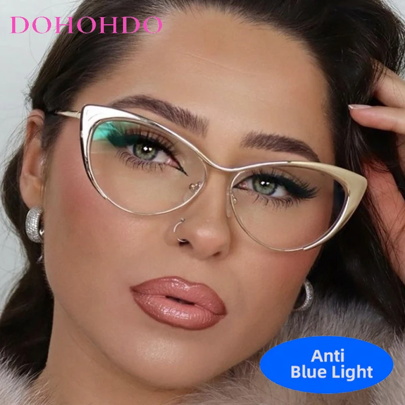 

Vintage Trendy Designer Metal Cat Eye Anti-Blue Light Glasses Women Men Fashion Luxury Brand Designer Computer Optical Eyewear