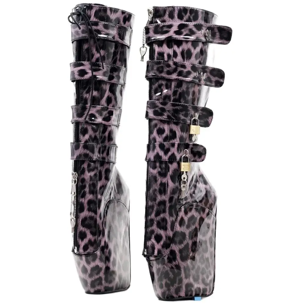 

jialuowei Leopard Ballet Boots 7" Super High Heel Lockable YKK Zip Buckle Straps With Locks Sexy Fetish Knee-high Boots