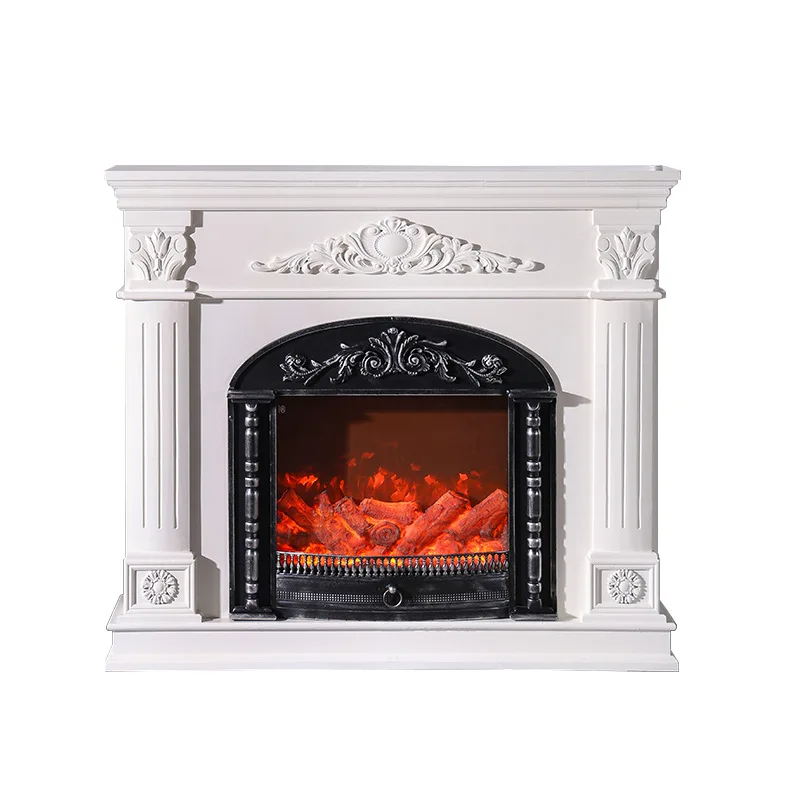 French retro white fireplace cabinet simulation fire living room heating fireplace villa light luxury solid wood carving