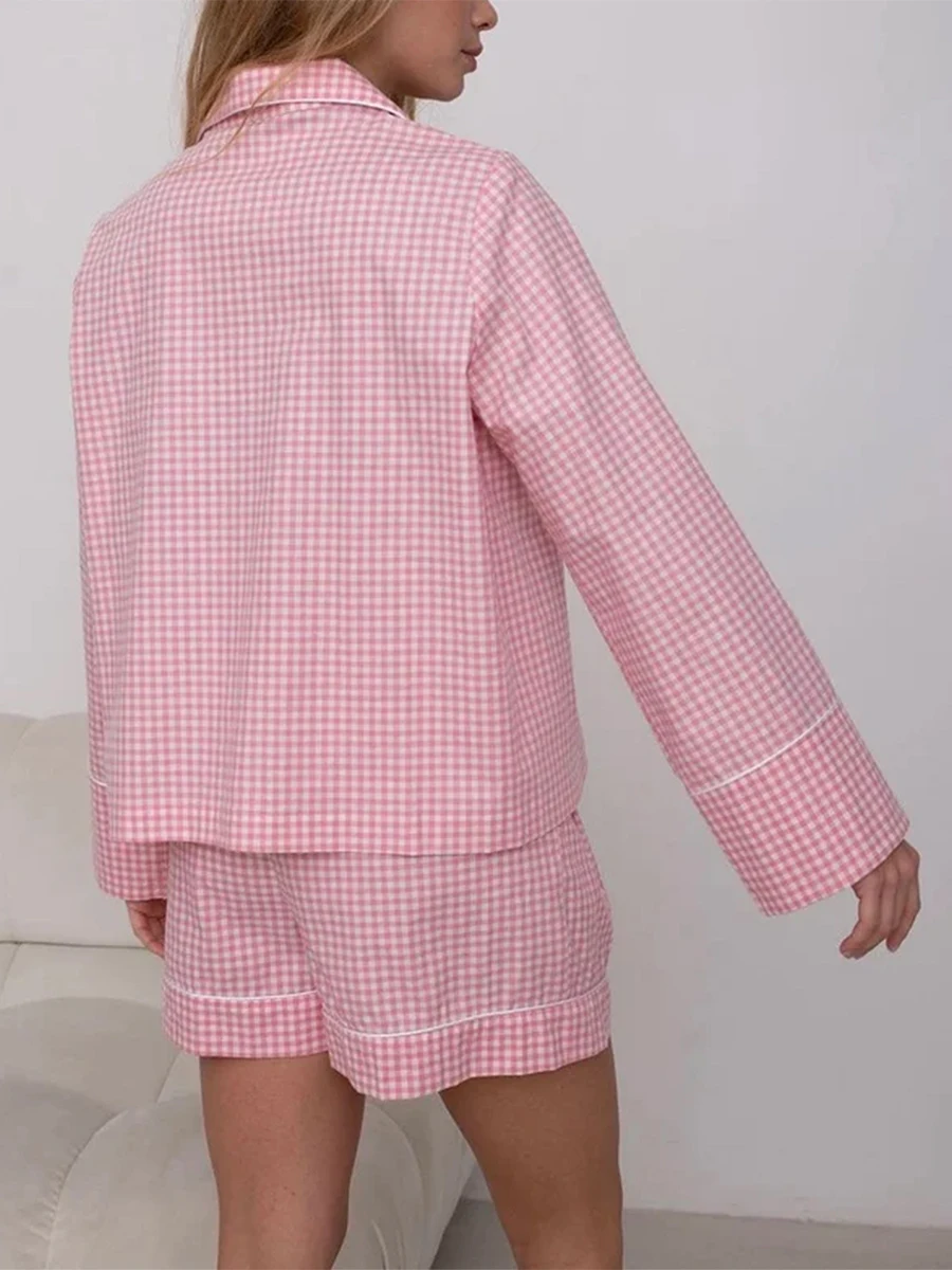 Pink 2 Piece Pajamas Set Women Plaid Print Button up Long Sleeve Shirt and Elastic Shorts for Loungewear Soft Sleepwear