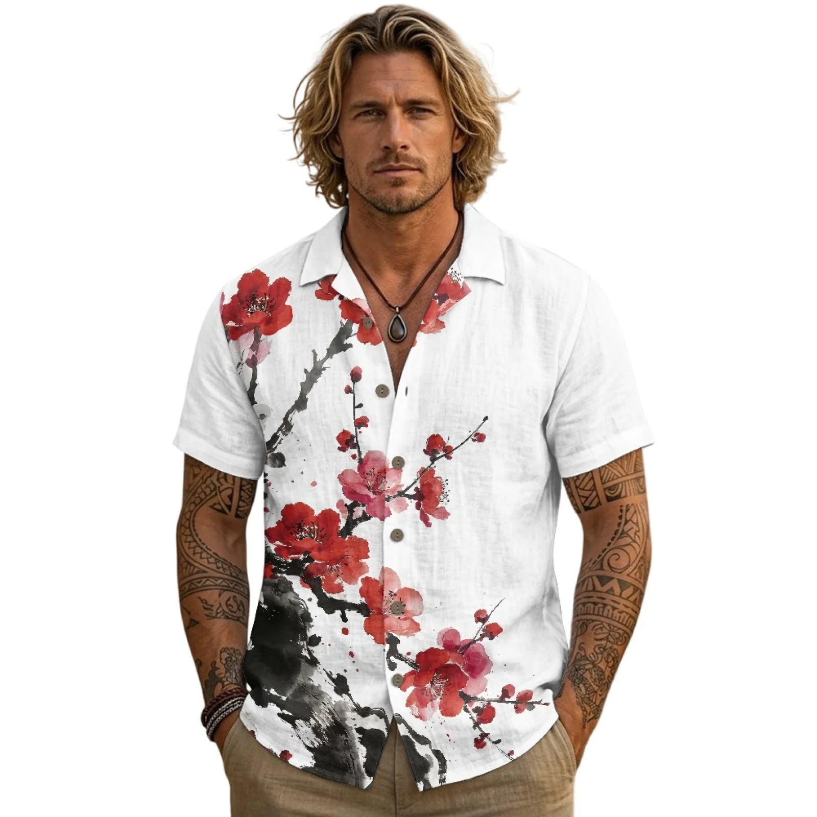 PENSTROLL Cherry Blossom Print Single Breasted Summer Breathable Tops for Men Linen Style Men's Top Shirt Male Tops