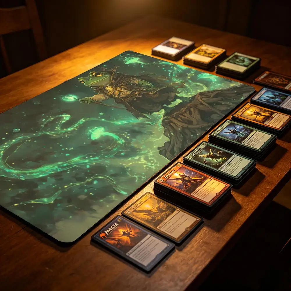Magic Card Playmat 14*24in Cute Frog Mage deskmat Anti-slip Fantasy TCG Desk Mats tapete With No Zone Gaming Mouse pad Green