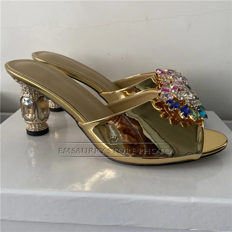 Colorful Rhinestone Buckle Decor Sandals Women Luxury Patent Leather Slingbacks Diamond Heel Summer Shoes For Girls