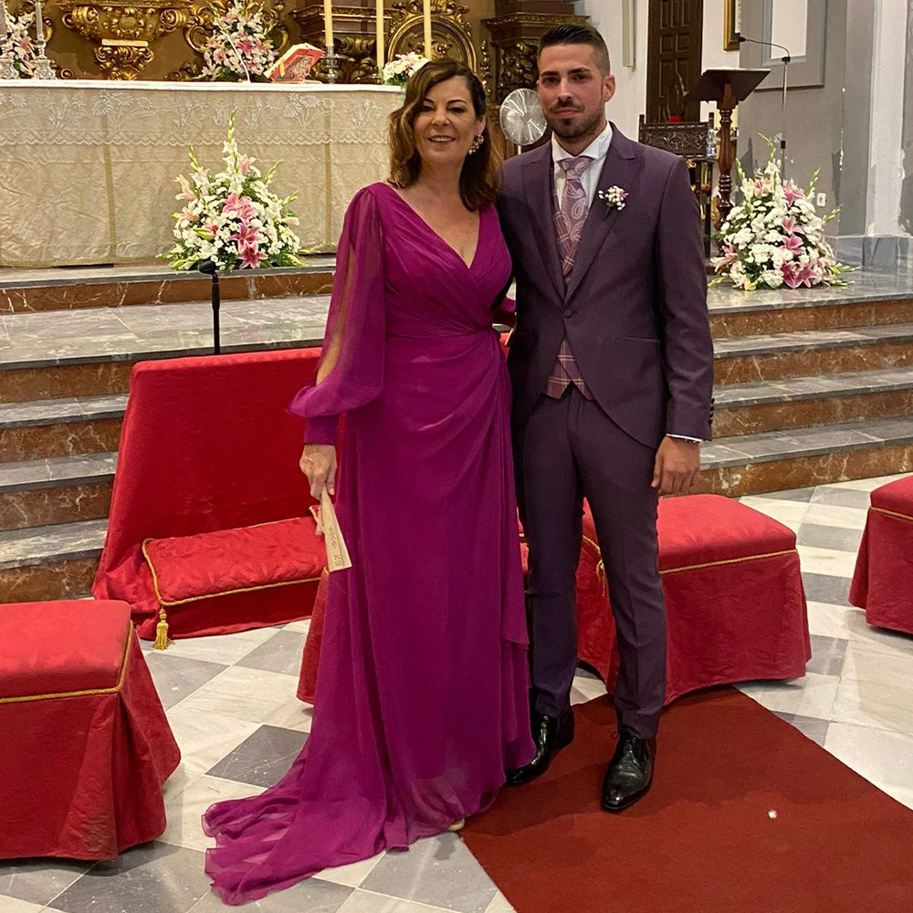 Customized Fuchsia Wedding Guest Dresses for Women Long Sleeves V Neck Mother of the Bride Dress Column Women's Evening Gowns