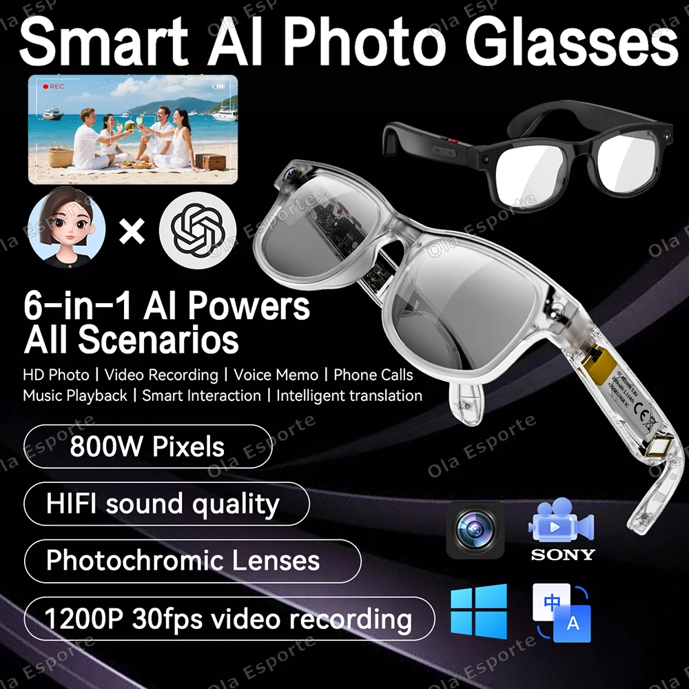 

New HD AI Smart Glasses Photochromic Multifunction Bluetooth Call Voice Assistant Music Player Chat gpt Translate Camera Glasses