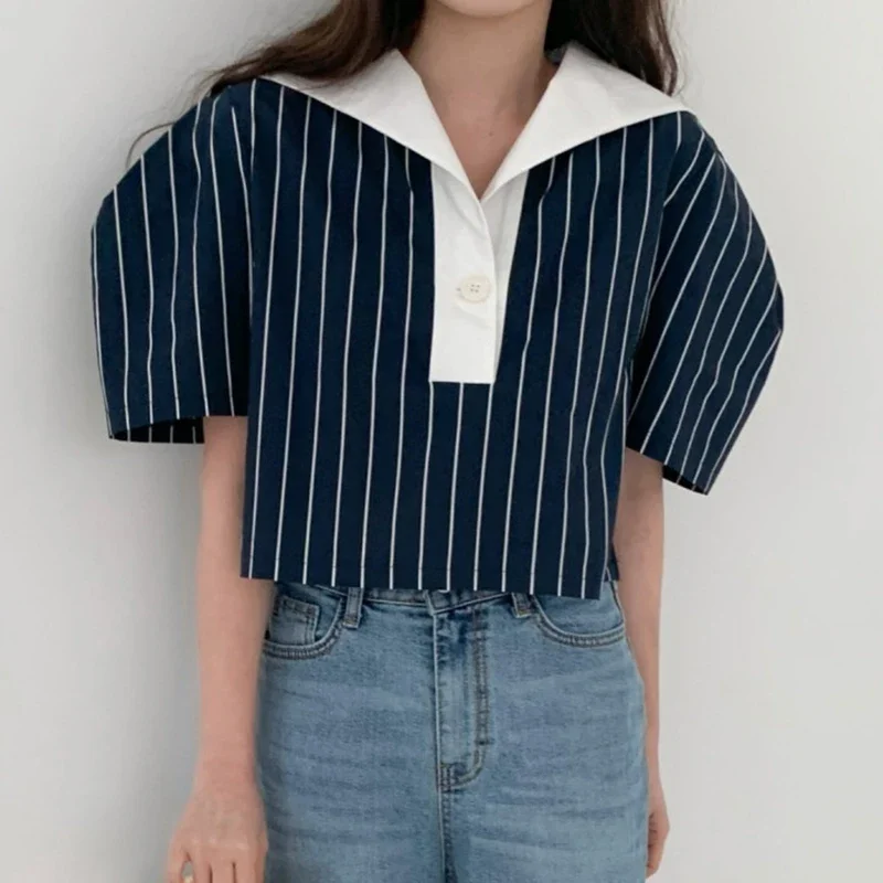 Neploe Korean Chic Vintage Reduced Age Contrast Navy Collar Blouses 2024 Summer Femme Loose Versatile Puff Sleeve Stripe Shirt