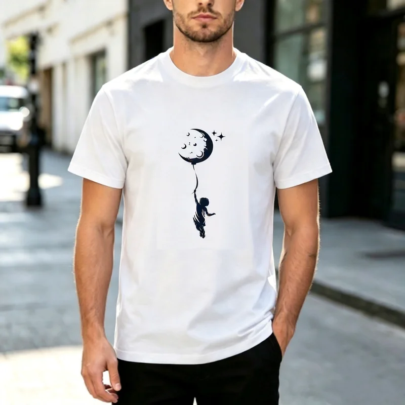 Minimalist Silhouette Art Kid Hanging Moon Balloon Star Graphic Short Sleeve T Shirt Men Women Cotton Daily Dream Street Casual