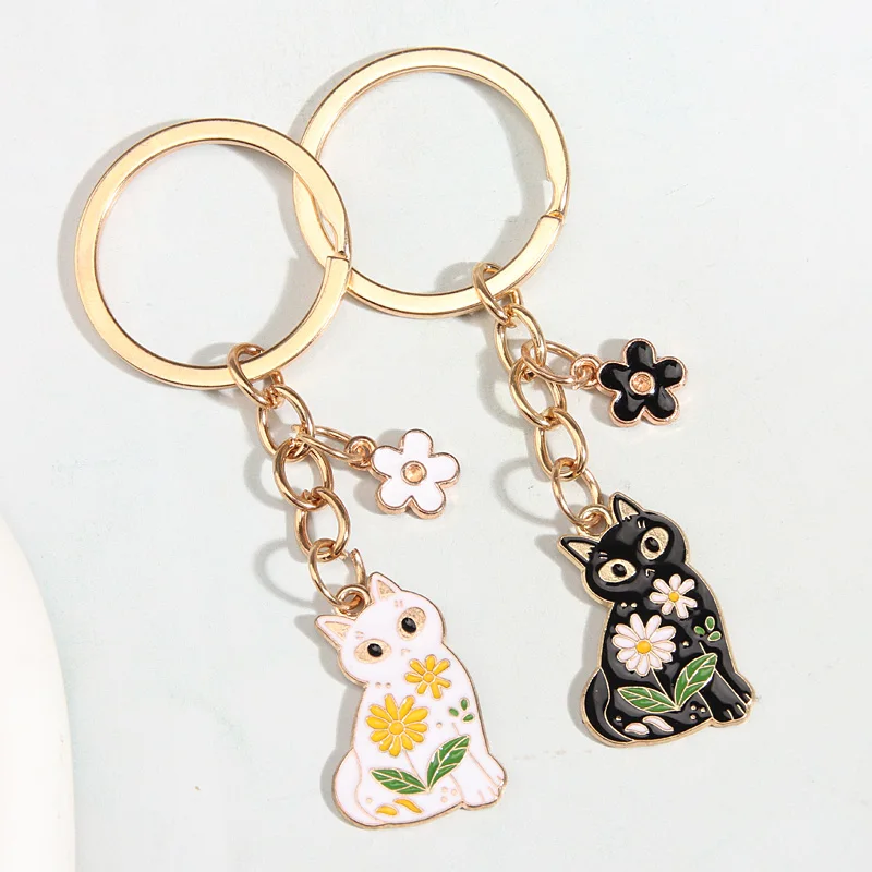 1set(2pcs) Cute Enamel Keychain Flower Cat Key Ring Animal Key Chains Souvenir Gifts For Couple Lovers DIY Handmade Jewelry