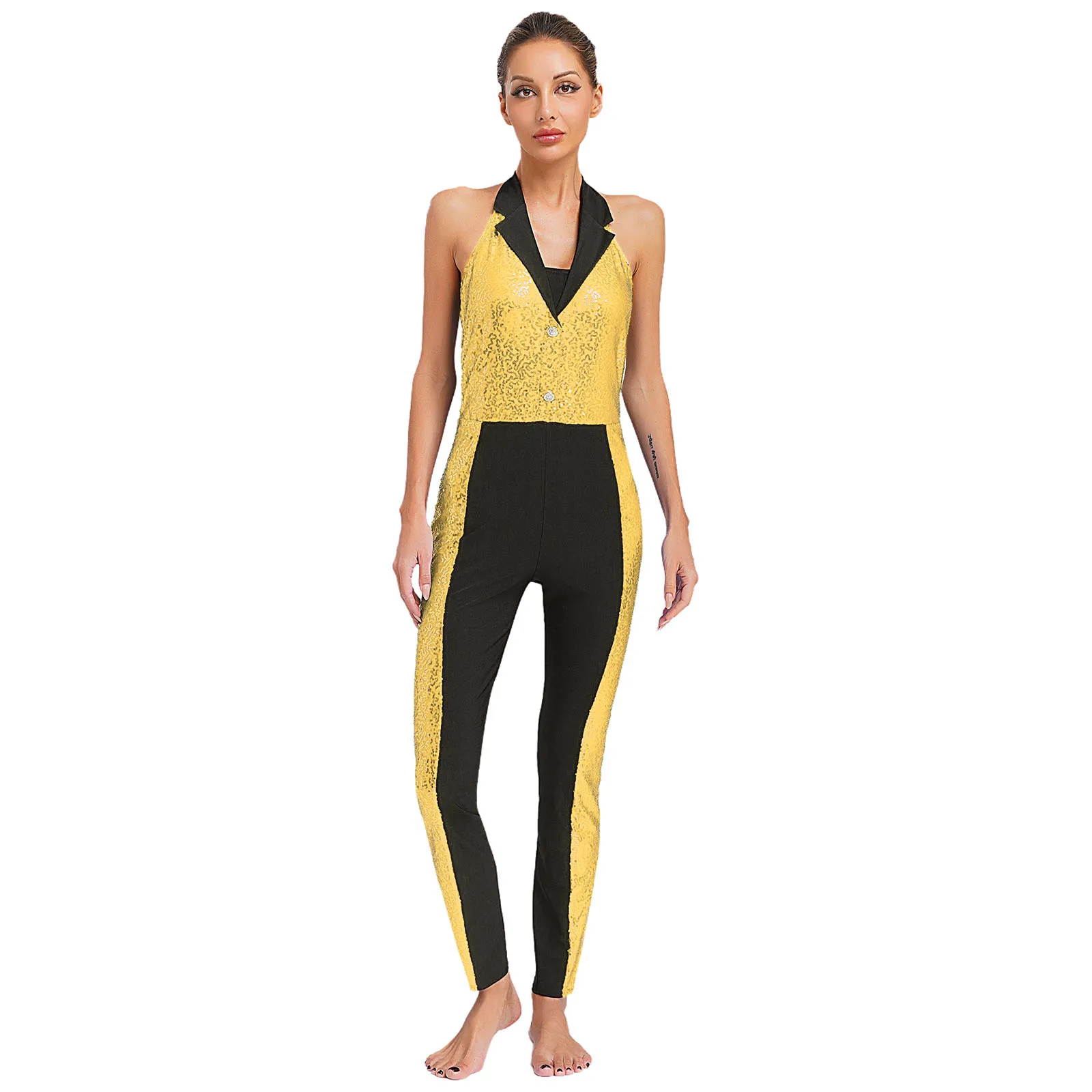 Vrouwen glanzende pailletten latin jazz dans unitards jumpsuit halter backless gymnastiek bodysuit turnpakje dansvoorstelling kostuum