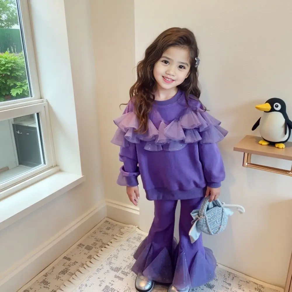 Mesh-paneled Hoodie with Flared Pants Sweatshirt Set Top & 2-Piece Girls Fashion Clothes Outfit Girl Outfits Children's Clothing
