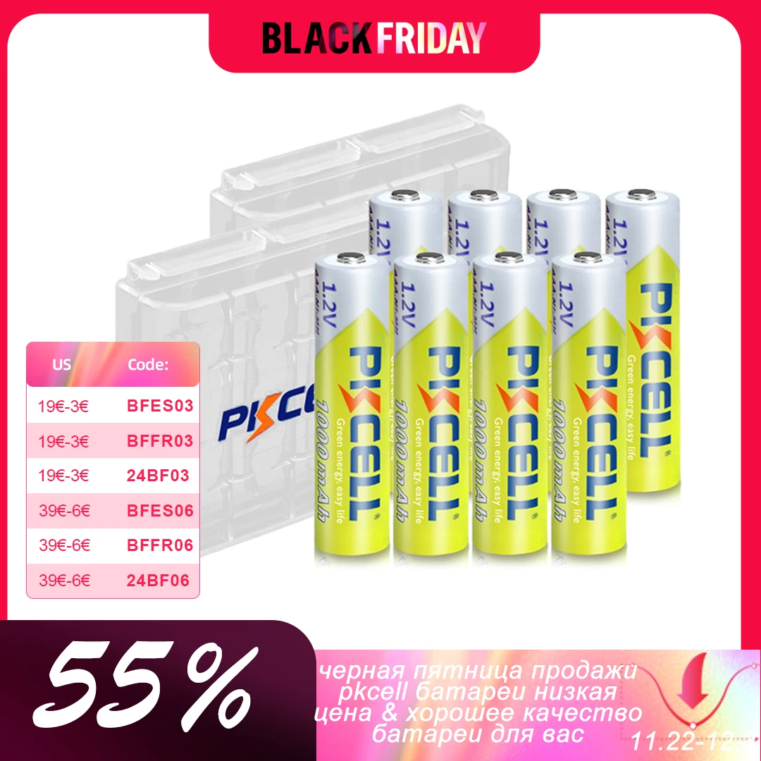 8PC PKCELL AAA Battery Ni-MH aaa Rechargeable Battery 1.2V 1000mah Batteries And 2PC Battery Box For Clock Toys flashlight