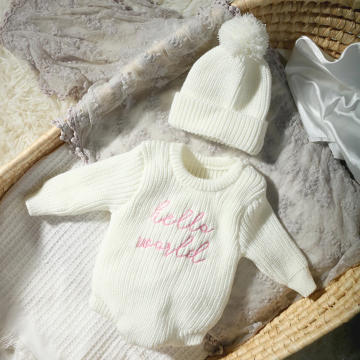 Ylsteed Hello World Knitting Newborn Photography Romper with Matching Pomp Hat Baby Boy Girl Sweater Outfits for Photo Shooting image 3