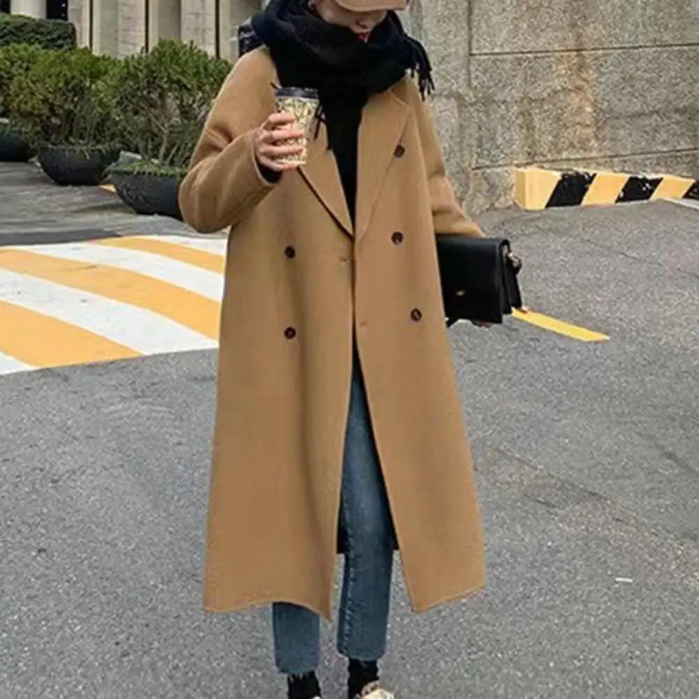 Long Woolen Jacket Women Coat Buttons Side Pockets Double-breasted Windproof Women Overcoat