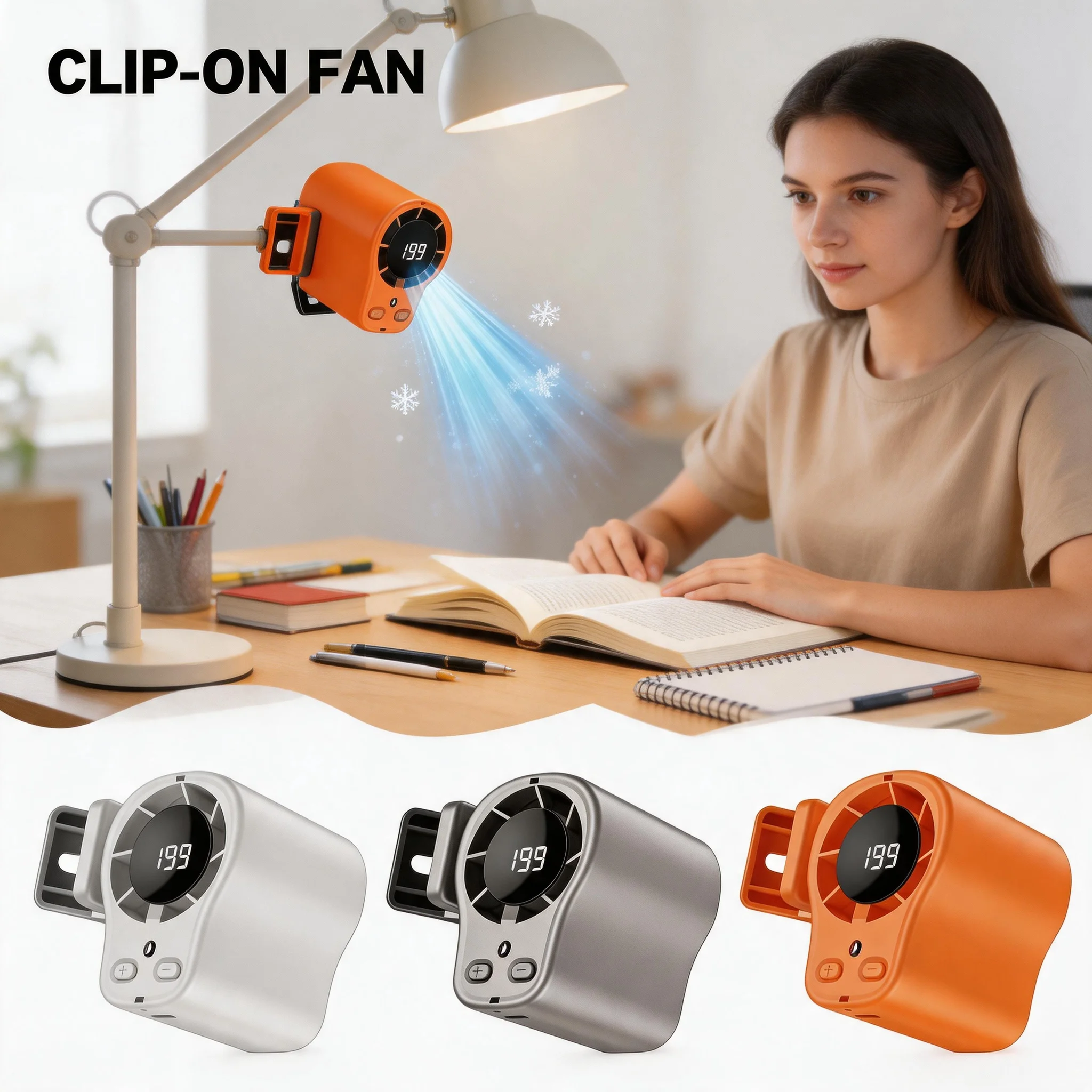 Car Clip on Air Conditioner Fan USB Rechargeable with LED Display 360° Rotation Personal Fan for Cars Work Outdoor Camping