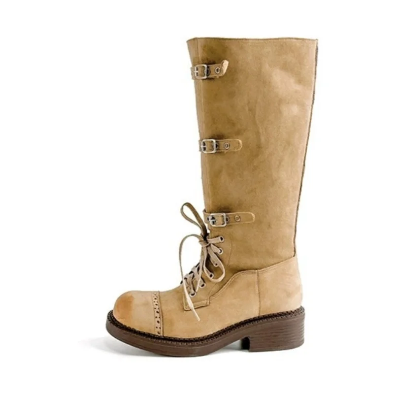 New Style Faux Suede Women's Knee High Boots Multi Buckle Lace Up Mid Heel Western Cowgirl Femme Long Boots Mature Ladies Shoes