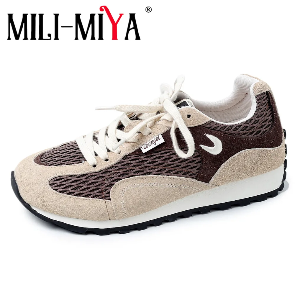 

MILI-MIYA Women's Classic Cow Suede Reversible Leather Sneakers Comfortable Round Toe With Stretch Flat Heel Mixed Color Mesh