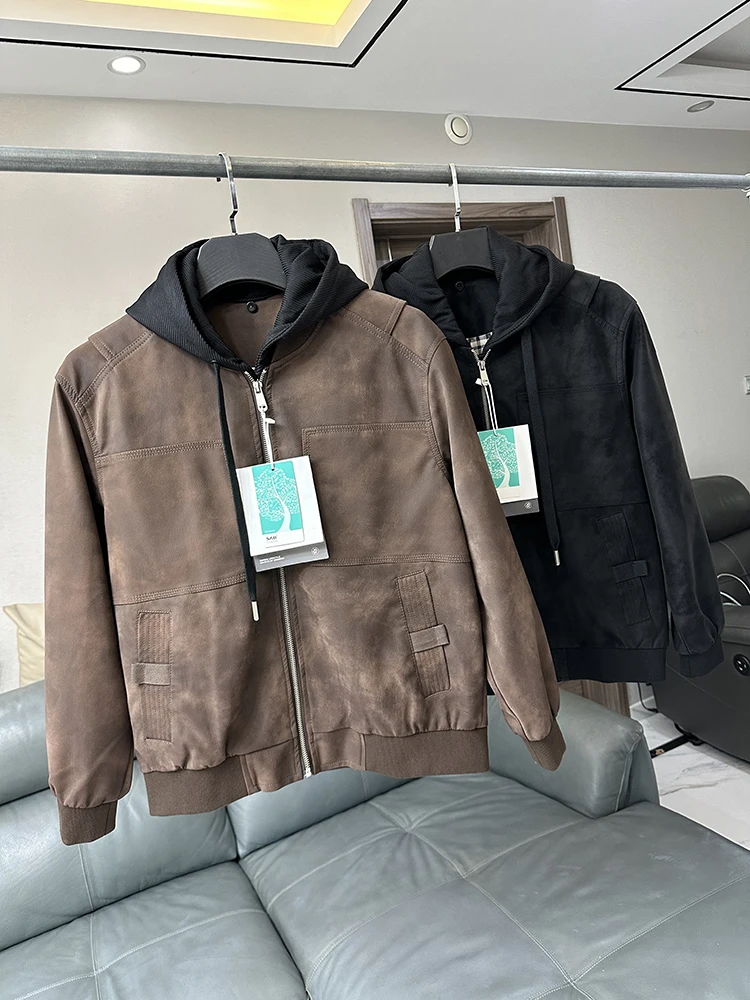 

Retro Faded Ultra-Leather Men's Heavyweight Biker Jaet with Hood Fake Two-Piece Faion Urban Sle Autumn Winter Coat