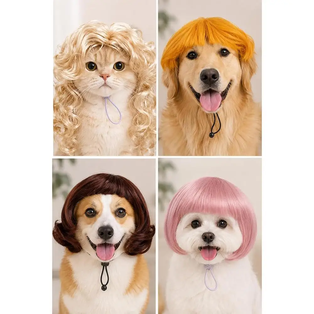 Verstellbare Haustier-Bob-Perücke mit Pony, wiederverwendbar, für Hunde und Katzen, Cosplay-Perücken, zum Verkleiden, angenehm zu tragen, lustiges Katzenkostüm – Detail 11