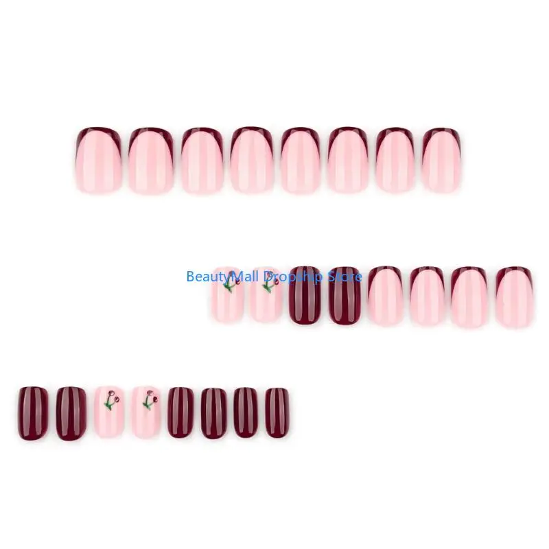 40JD Salon Quality Press On Burgundys Cherrys Pattern Comfortable Square Tip Design