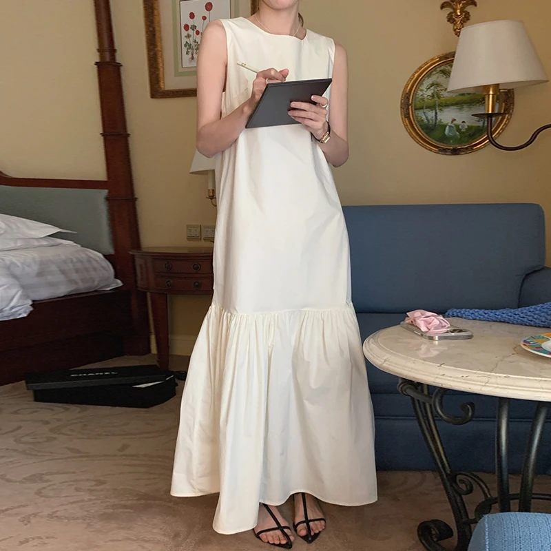 Nowe koreańskie eleganckie sukienki Vintage styl Hepburn sukienka bez rękawów kobiece letnie spódnice z falbanami Halter spódnica z zbiornikiem długa spódnica