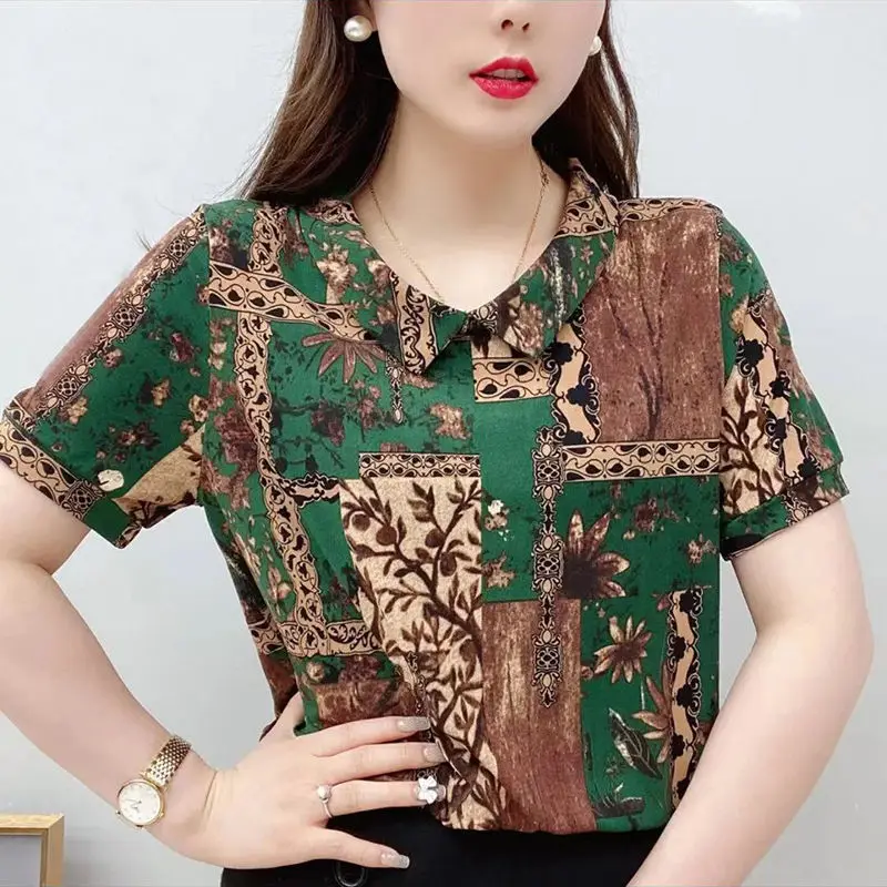 2023 New Stylish Peter Pan Collar Blouse Summer Vintage Printed Folk Female Clothing Short Sleeve Patchwork Commute Loose Shirt