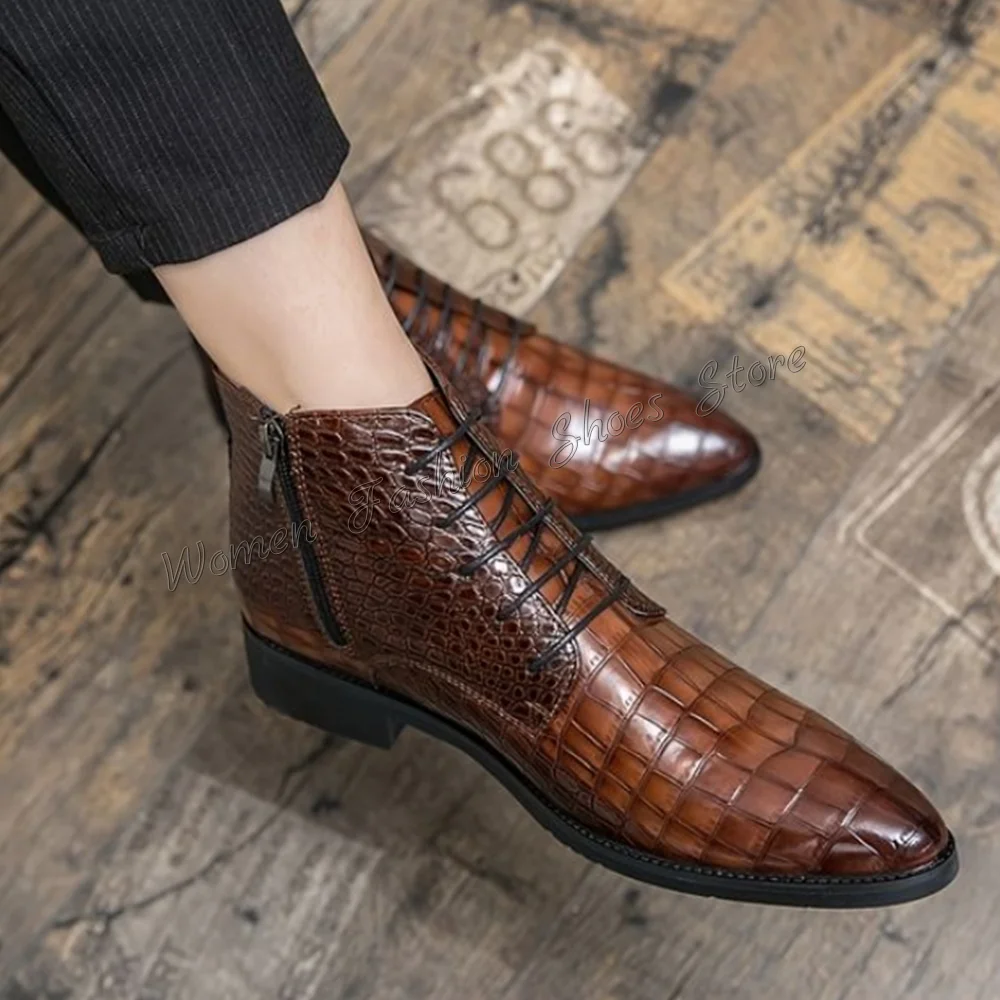 Brown Crocodile Pattern Side Zipper Boots Pointed Toe Chunky Heels Handmade Dress Shoes for Men 2025 Size 47 Zapatillas Mujere