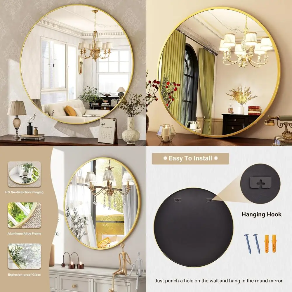 مرآة زينة دائرية مثبتة على الحائط باللون الذهبي مع إطار من الألومنيوم المصقول، مرآة دائرية حديثة مقاس 30 بوصة لتزيين المنزل