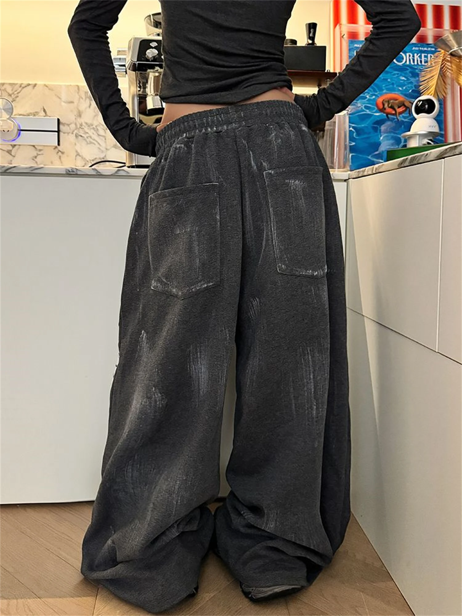 Y2K Women's Dark Grey Wide Leg Sweatpants 2025 New Fashion Letter Print Distressed Drawstring Waist Casual Streetwear Trousers