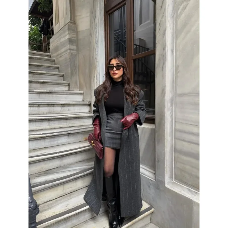 

Женское полосатое пальто с широкими плечами, повседневное шикарное пальто с лацканами и v-образным вырезом на одной пуговице, свободная верхняя одежда для женщин, осень 202, повседневная куртка Highstreet