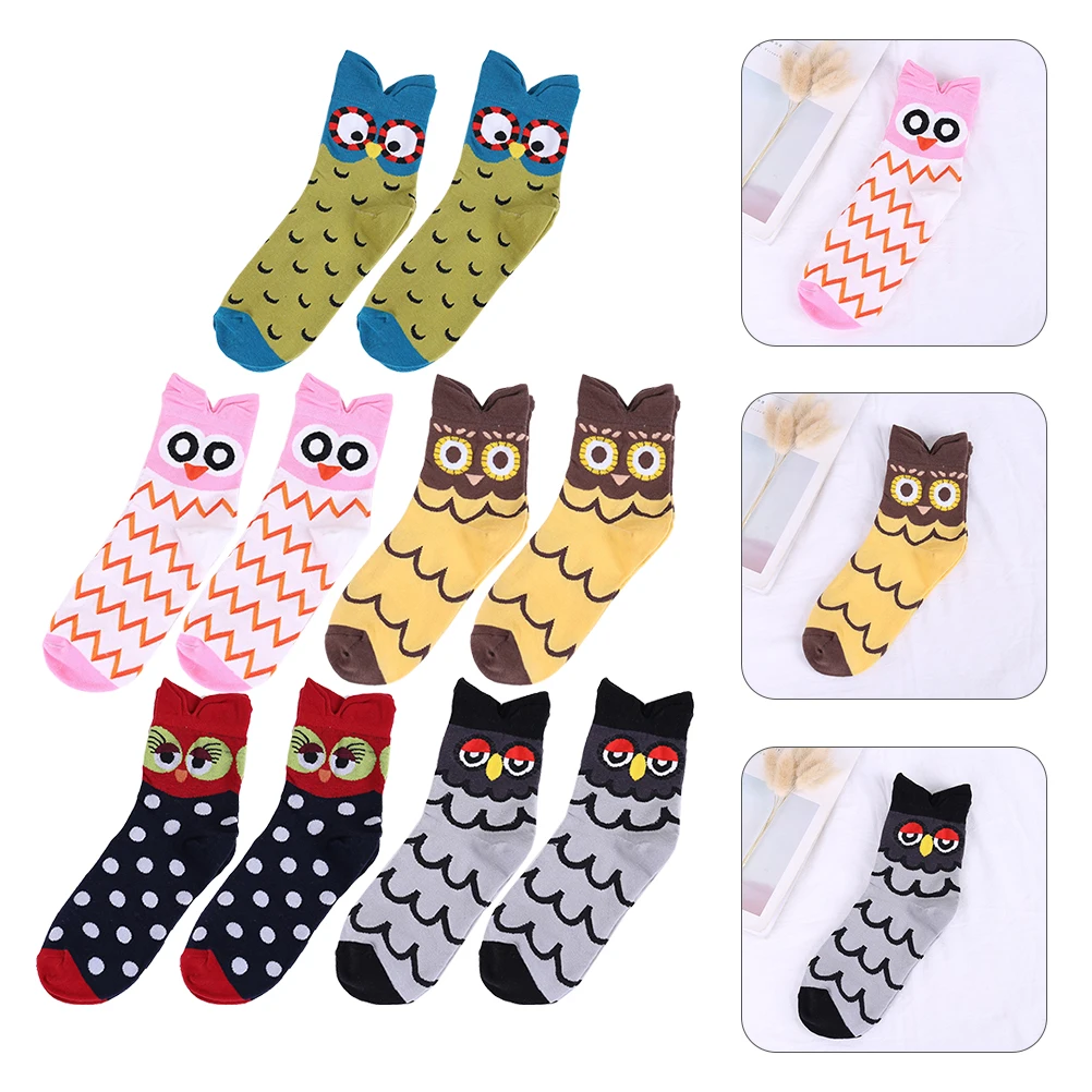 

5pcs 5 Pairs Mix Color Owl Socks Mid-calf Women Cute Tube Cotton Comfortable Breathable Elastic Animal Pattern Socks