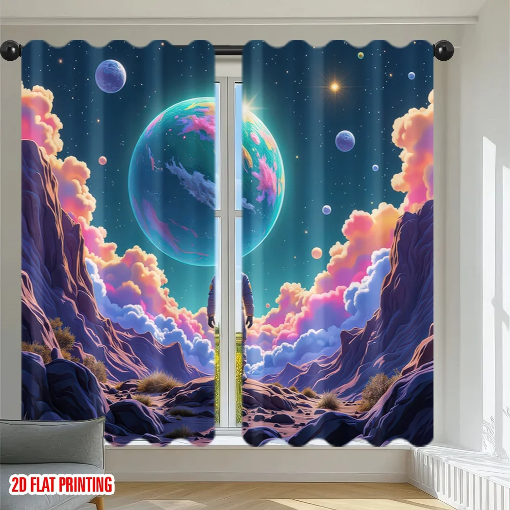 2D flat printing 2pcs Drapes Astronaut Under Colorful Sky Digital Printed Polyester Drapes All Season Party & Holiday Decor for