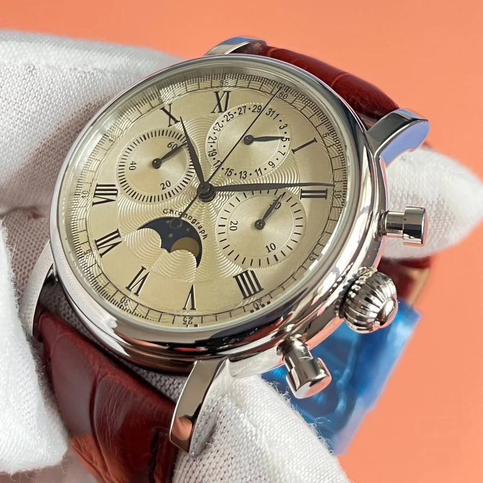 Gull Tron en Chronograph Watch Moonphase 42.5MM Manual Winding Mechanical Wristwatch ST1908 Sapphire Mirror triple Windows