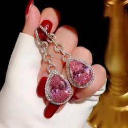Luxury Water Drop Pink Diamond Dangle Earring 925 sterling silver Party Wedding Drop Earrings for Women Bridal Promise Jewelry