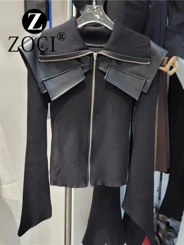 [ZOCI] 2024 Early Autumn New Fashionable High-end Temperament Knitted Sweater Spliced Leather Big Collar Short Jacket