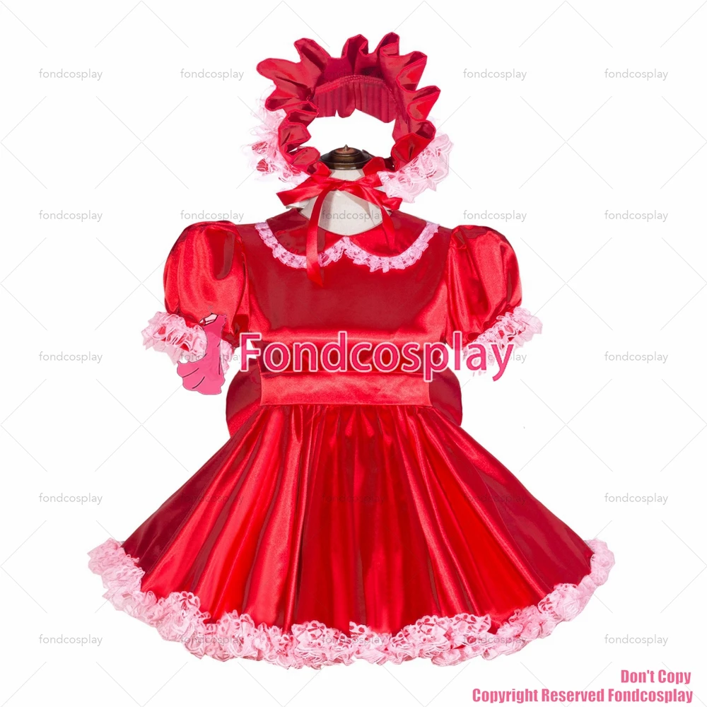 fondcosplay adult sexy cross dressing sissy maid French Lockable Red satin Dress headpiece Peter Pan collar CD/TV[G4042]