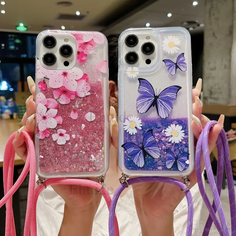 Quicksand Strap Case For iPhone 14 15 13 11 Pro Max 12 Mini XR X XS 7 8 Plus Liquid Glitter Flower Crossbody Neck Lanyard Cover