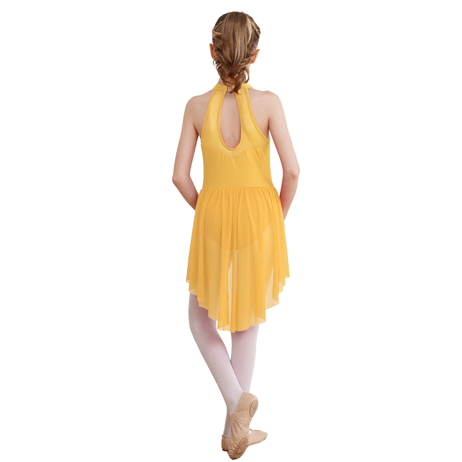 Kids Girls Ballet Dress Sequins Mesh Gymnastics Leotard Keyhole Back Sleeveless Lyrical Dresses for Figure Skating Latin Dance