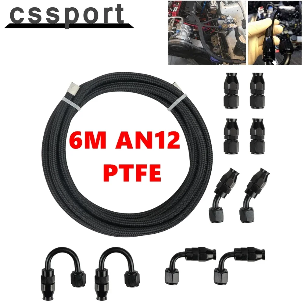 

6M AN12 PTFE Fuel Line Hose 10Pc Kit Nylon Braided Fuel Hose with 0+45+90+180 Degree Swivel Fuel Hose End Fitting Adapters Kit