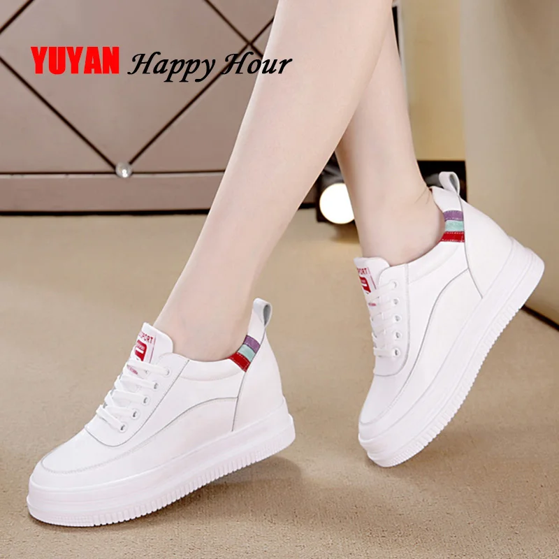 7cm Height Increasing Shoes Women Sneakers Genuine Leather Sweet Ladies White Wedge Shoes Fashion Sneakers Casual Shoes A1128